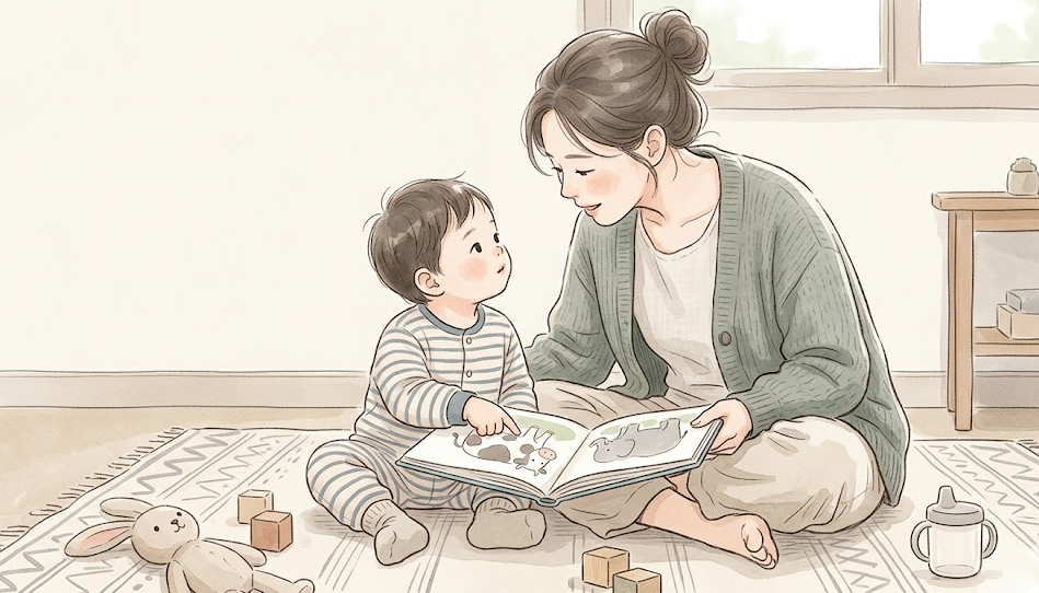그림책을 함께 보며 그림을 가리키는 영아와 보호자