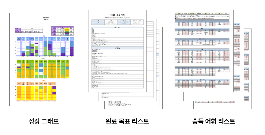 성장 그래프, 완료 목표 리스트, 습득 어휘 리스트가 적힌 진전 서류 세 장