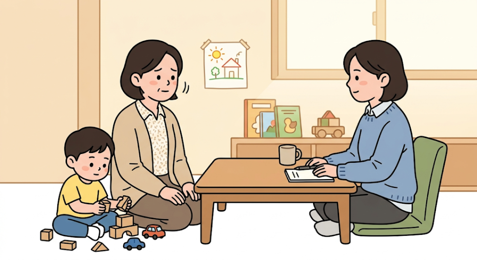 놀이하는 아이 곁에서 보호자와 언어발달 상담을 진행하는 전문가