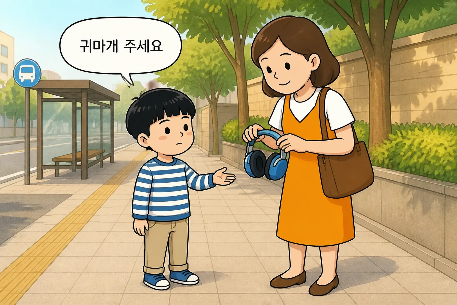 버스정류장에서 이어머프를 달라고 손을 내미는 아이와 보호자