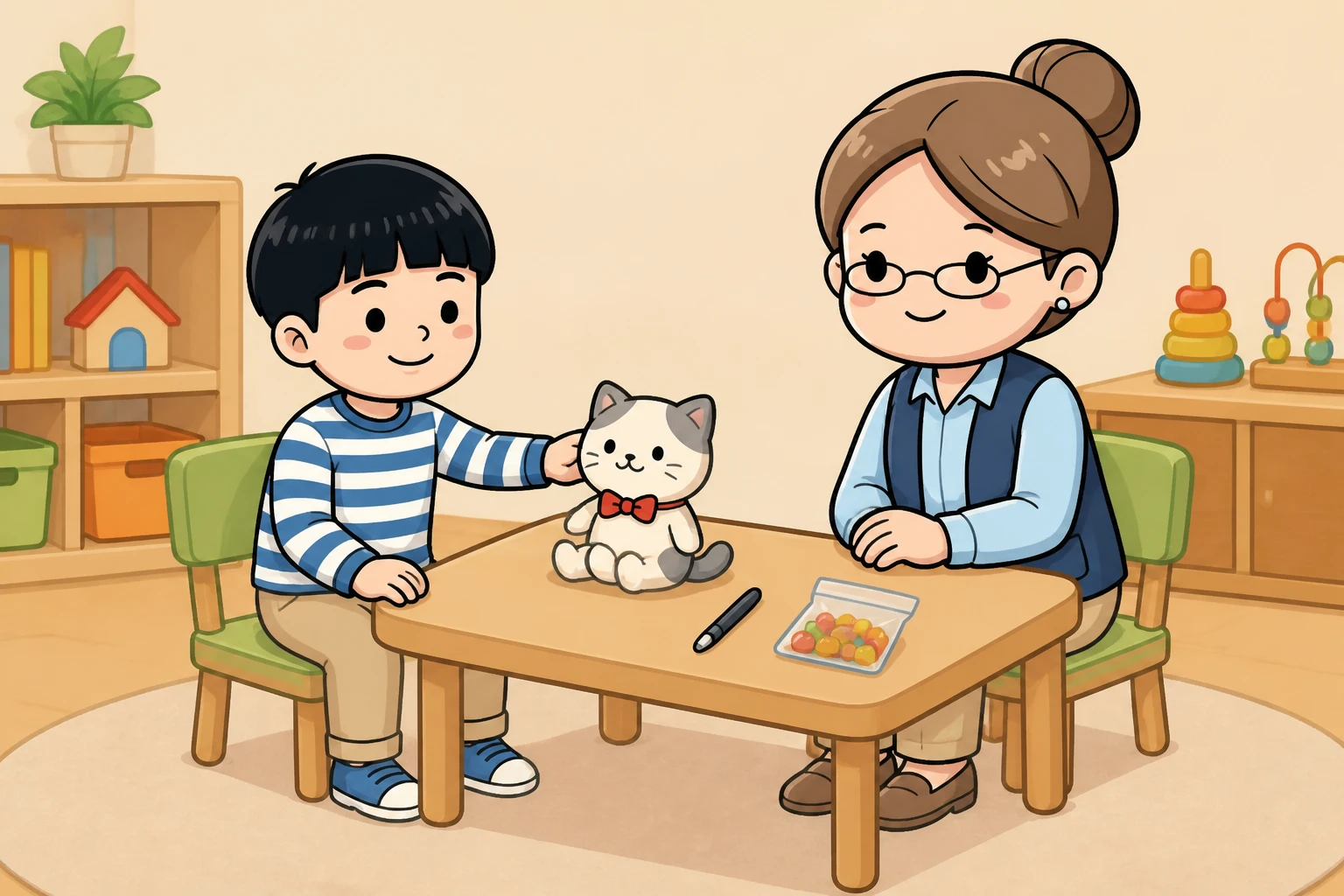 책상에 마주 앉아 장난감과 젤리로 아이가 좋아하는 것을 찾는 선생님과 아이