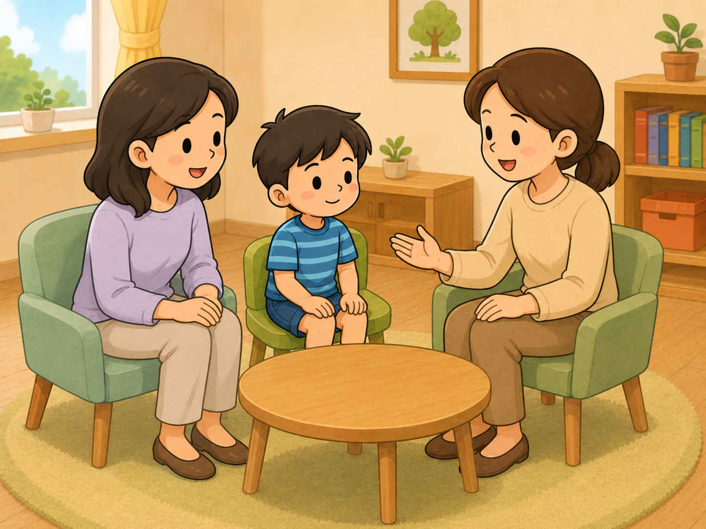 아이의 또래 관계 장면을 보호자와 함께 상담하는 치료사