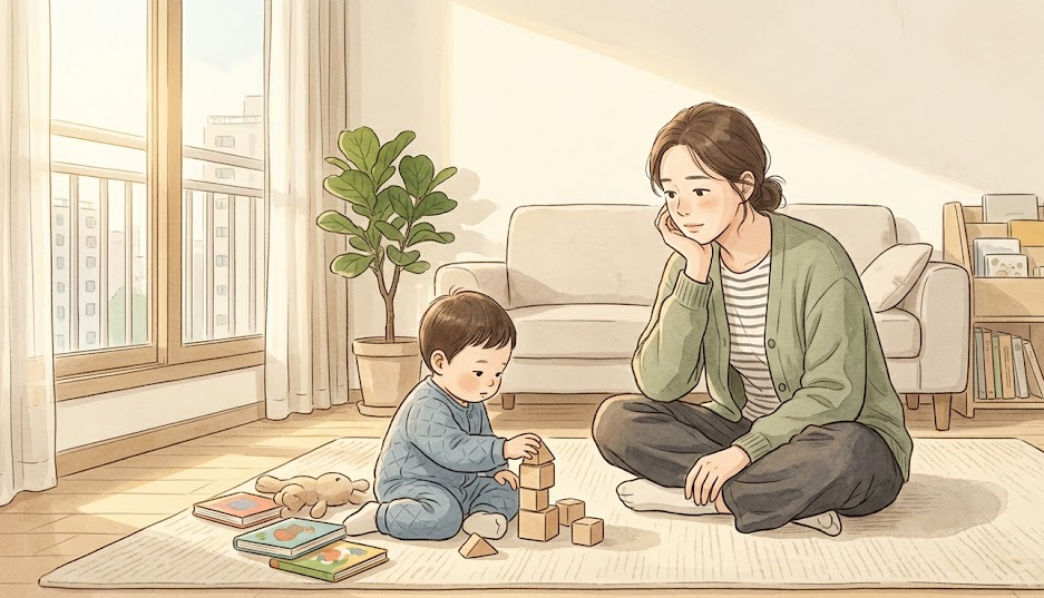 거실에서 블록을 쌓는 영아를 걱정스러운 표정으로 바라보는 보호자