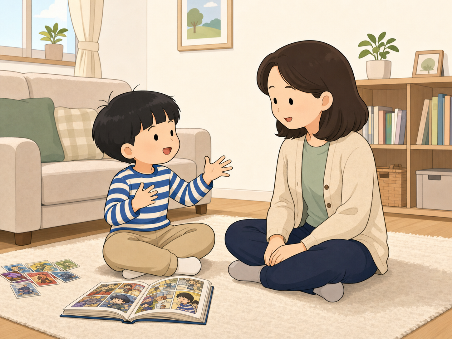 좋아하는 이야기를 길게 말하는 아이와 그 말을 듣고 있는 보호자