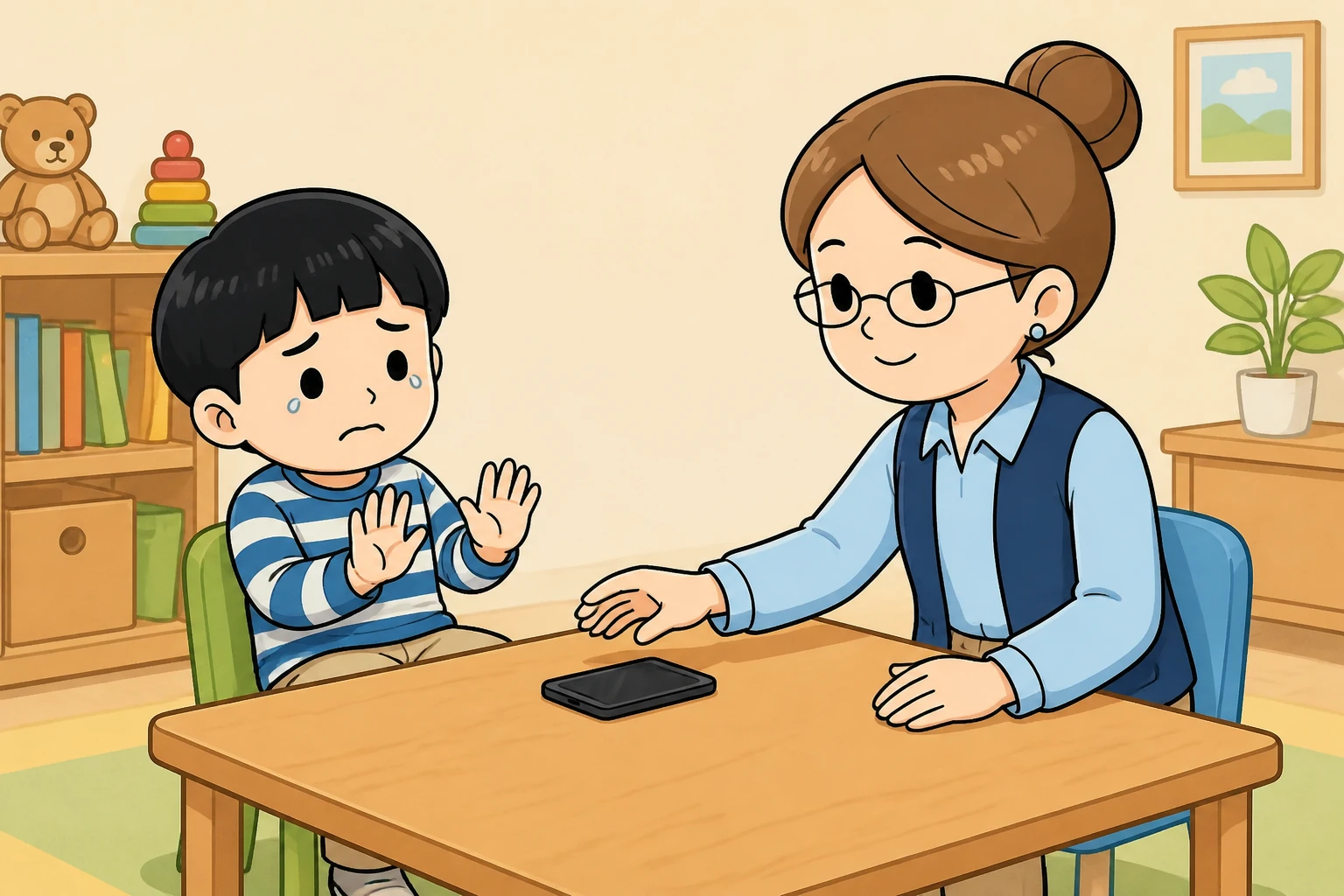 휴대전화에서 소리가 나기 전부터 눈물을 보이며 귀를 막는 아이