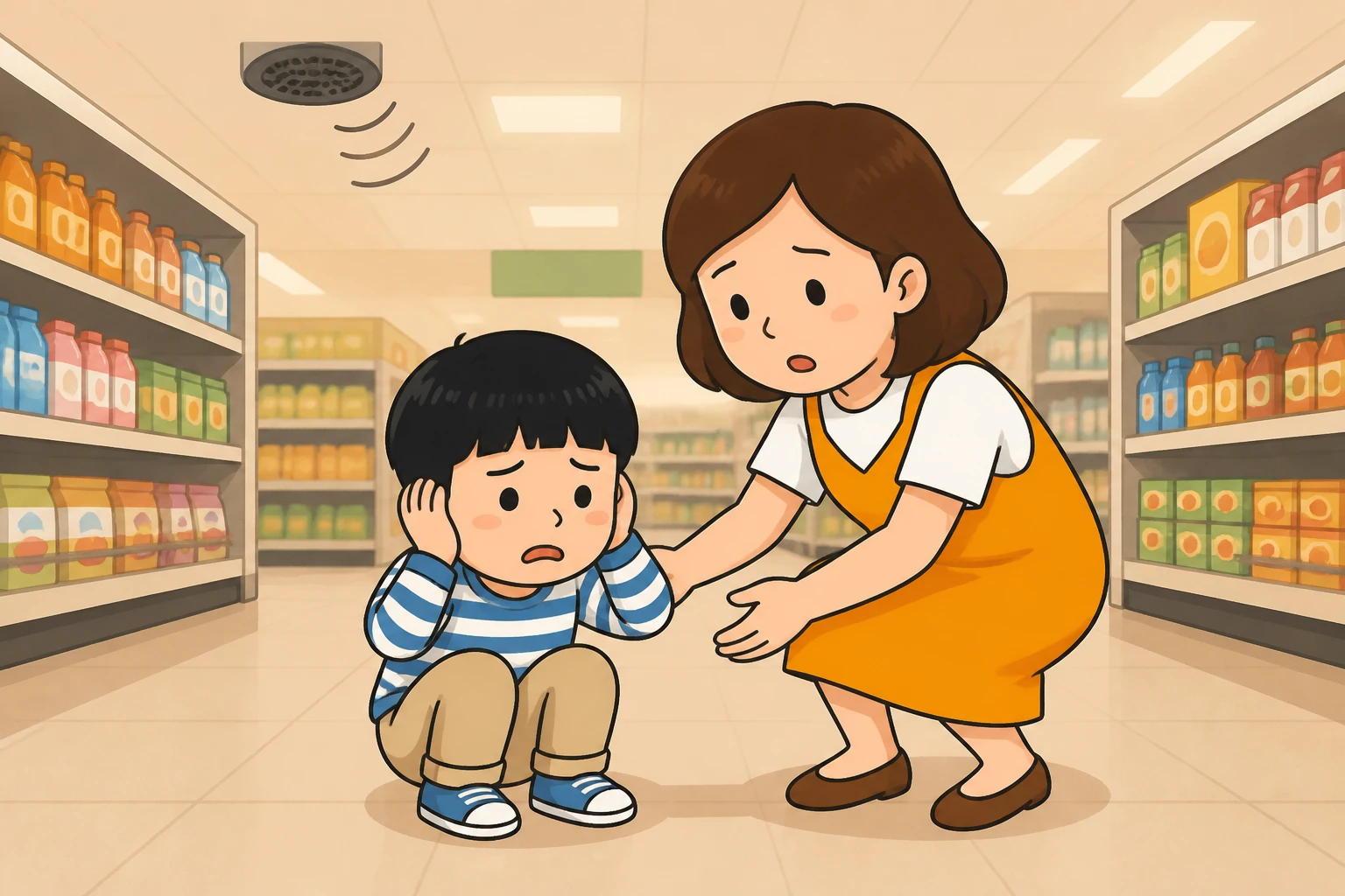마트에서 갑자기 귀를 막고 주저앉은 아이와 곁에 선 보호자