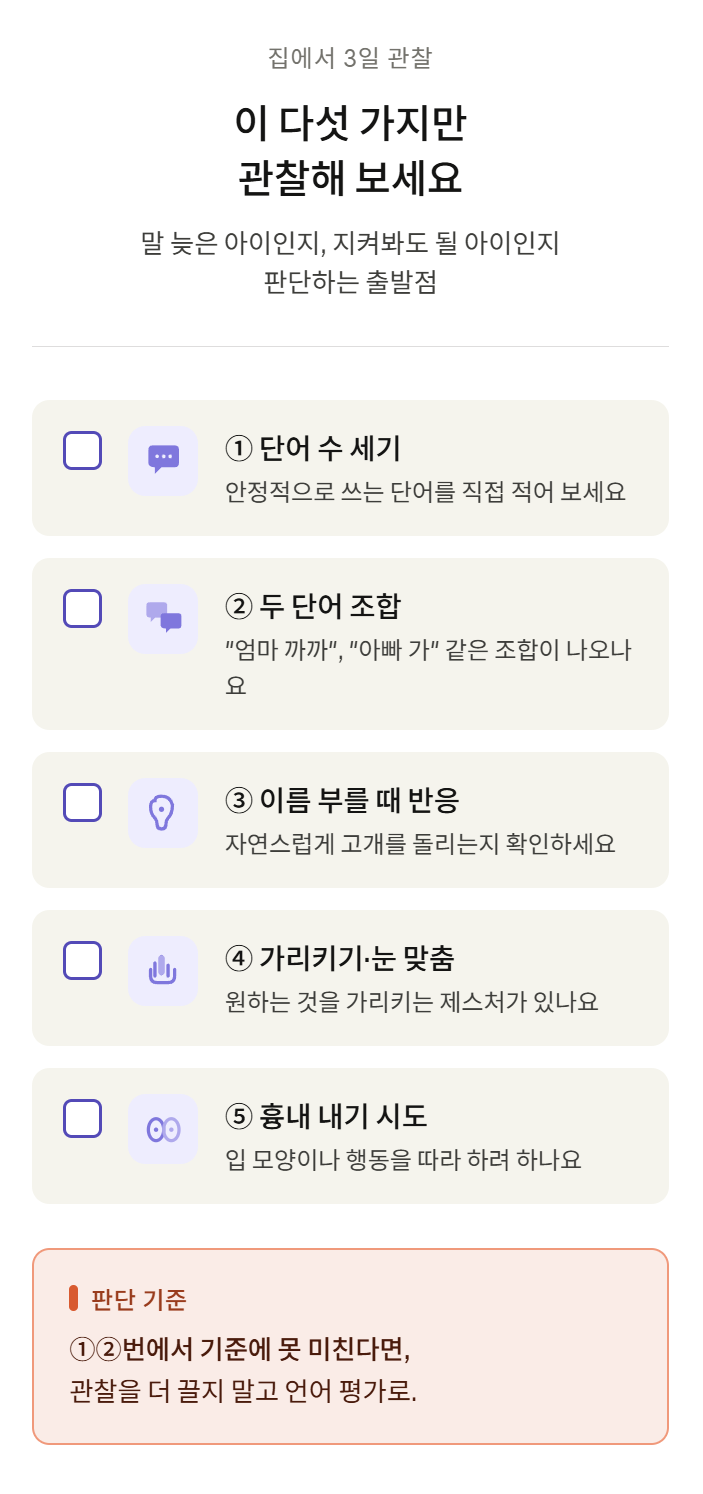 24개월 아이의 단어 수와 두 단어 조합, 이름 반응, 몸짓, 모방을 기록하는 관찰 체크리스트