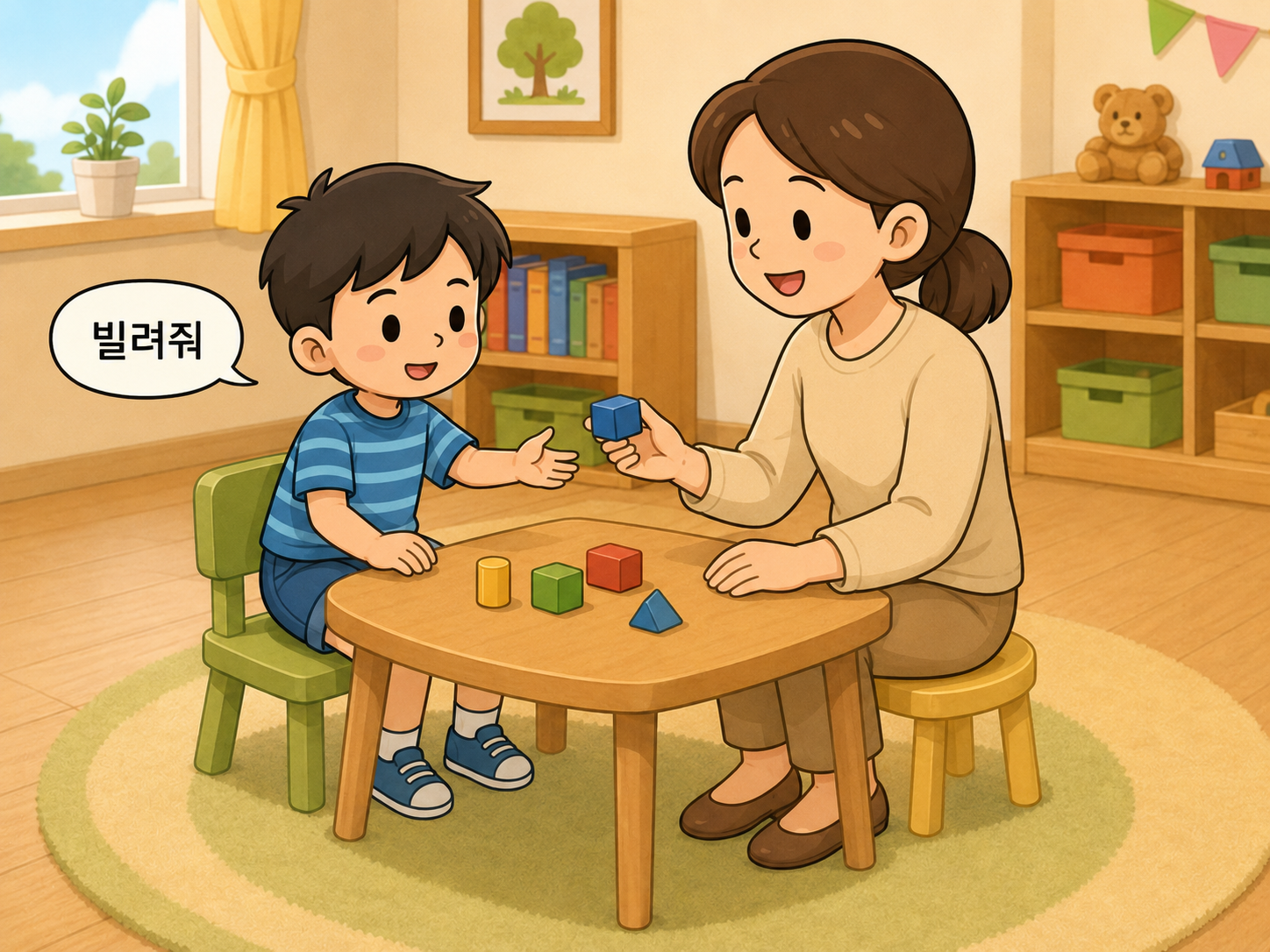 선생님과 1:1로 빌려줘라고 말하는 연습을 하는 아이