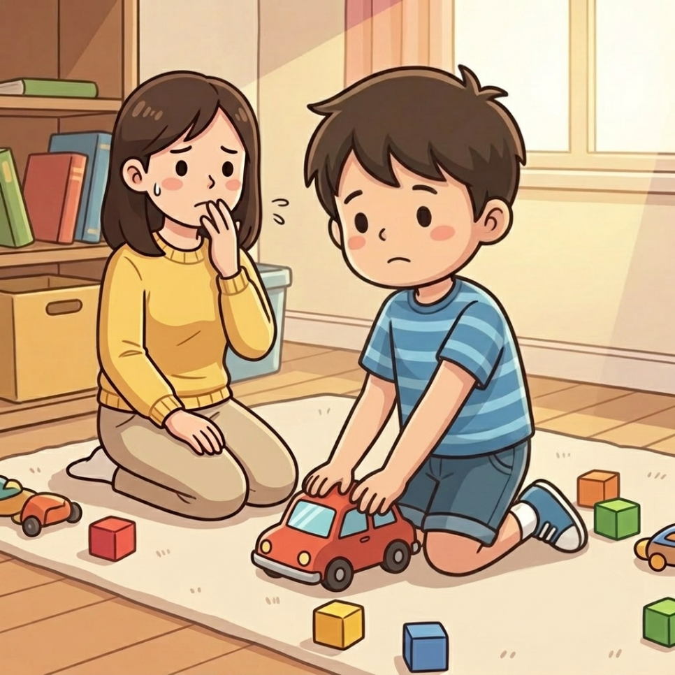 이름을 반복해서 부르지 않고 잠시 기다리며 아이를 지켜보는 보호자