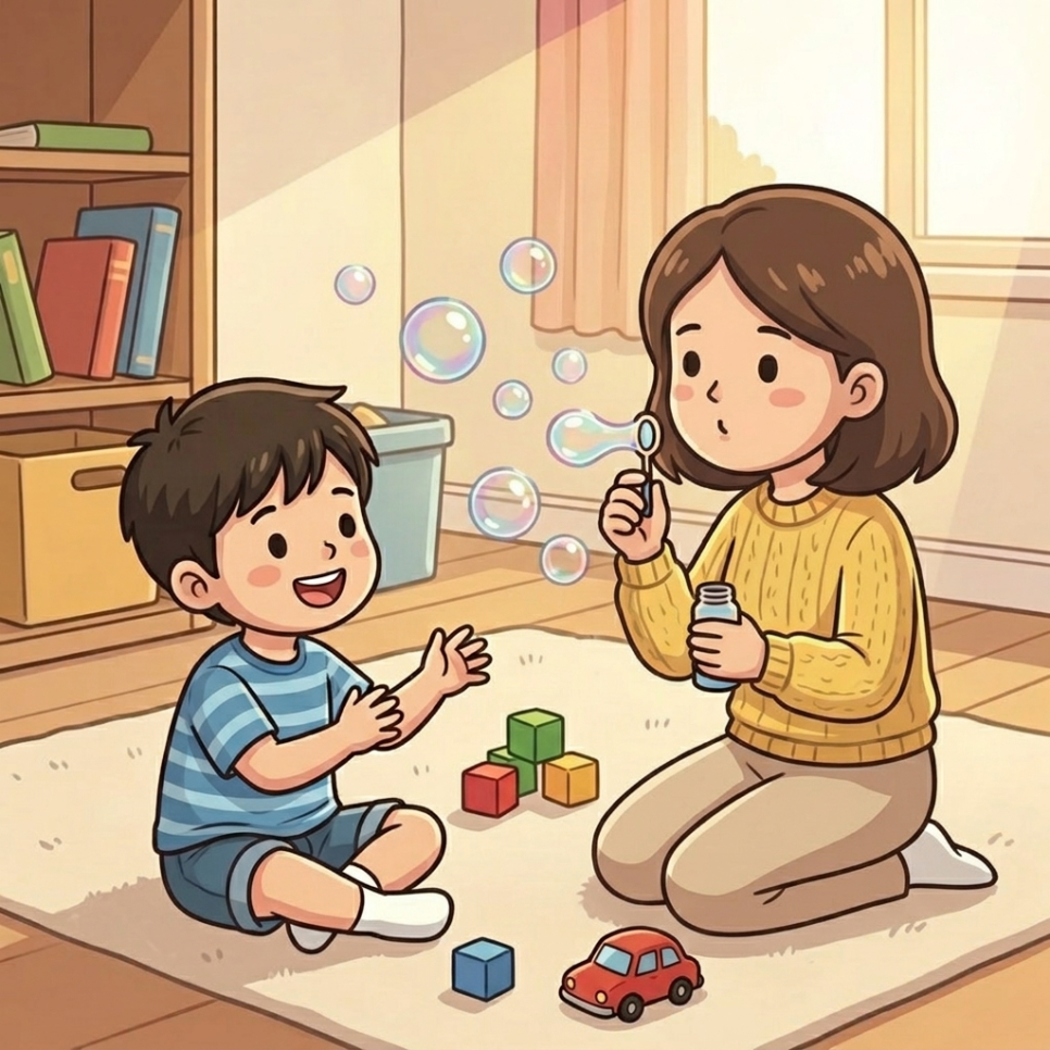 보호자를 자연스럽게 바라본 뒤 함께 비눗방울 놀이를 즐기는 아이