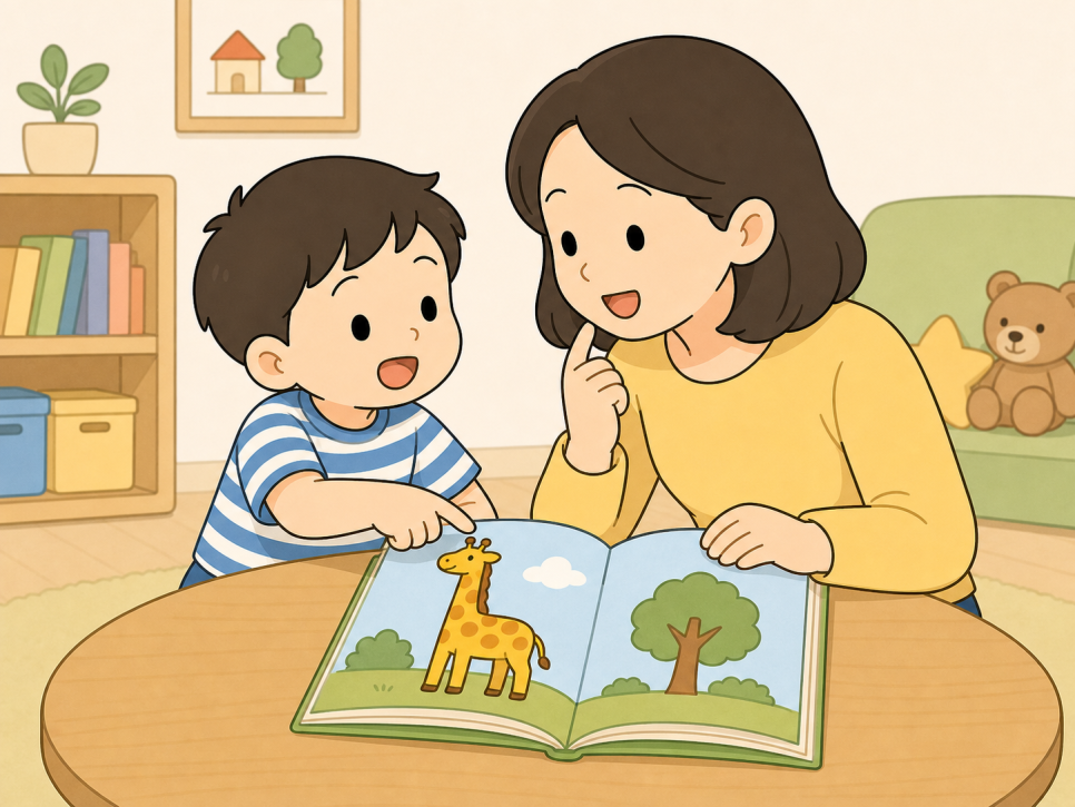아이의 말을 지적하지 않고 정확한 단어와 문장으로 자연스럽게 다시 들려주는 보호자