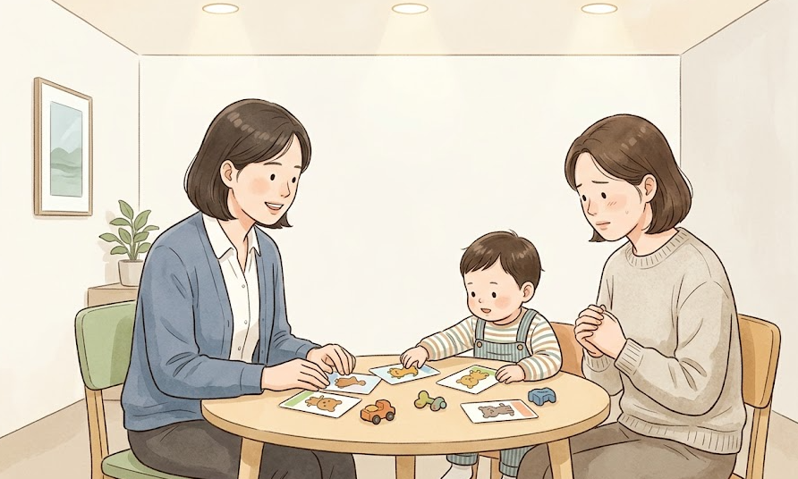 언어치료사가 보호자와 함께 영아의 놀이와 의사소통을 살펴보는 평가 장면