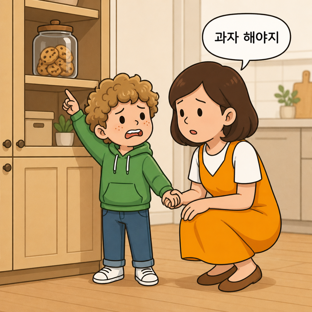 찬장 앞에서 과자를 가리키며 보호자의 손을 끄는 아이와 어떻게 반응해야 할지 고민하는 보호자