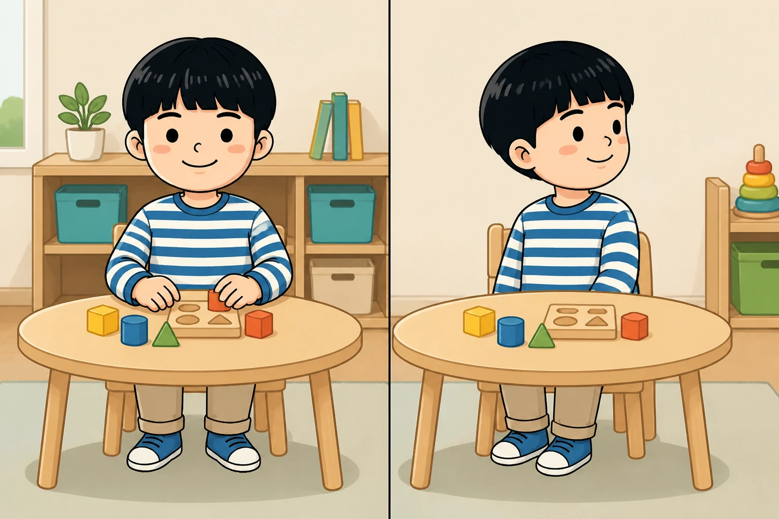 즐겁게 웃는 모습과 시선을 피하며 웃는 모습을 나란히 비교한 그림