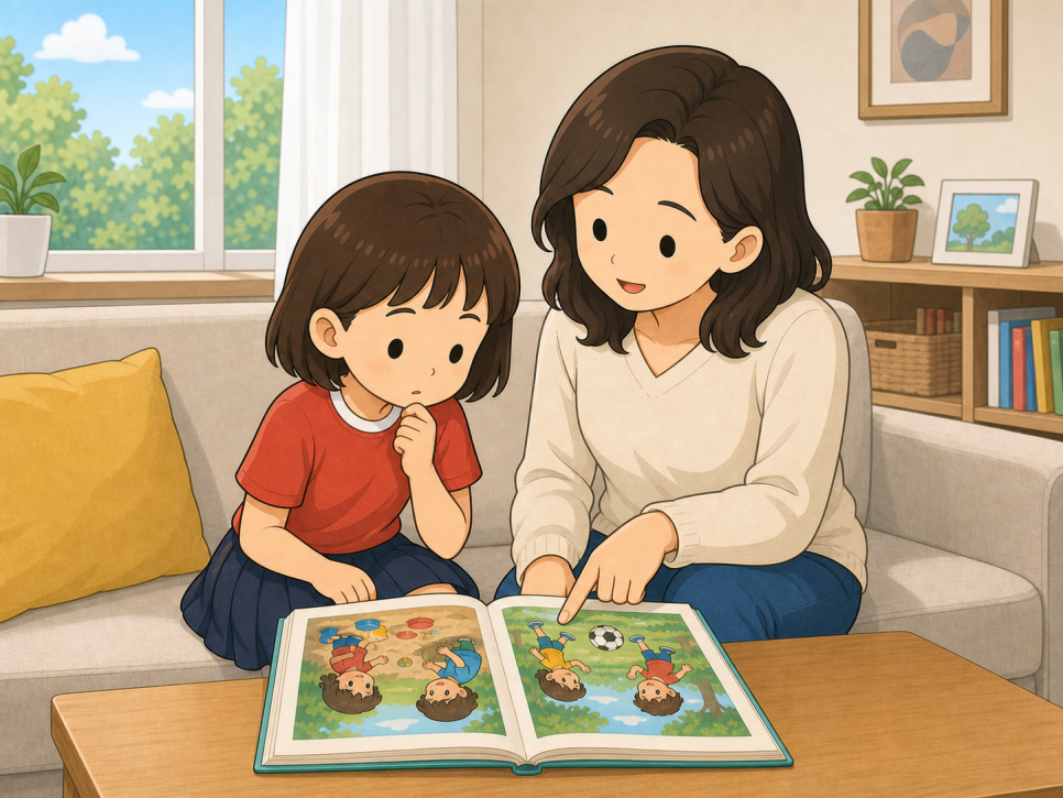 보호자와 아이가 그림책을 보며 등장인물의 마음과 행동 이유를 이야기하는 모습