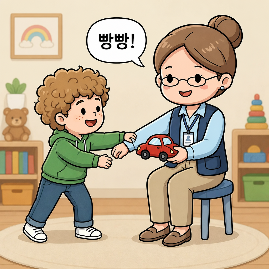 자동차를 원하는 아이에게 빵빵이라고 짧게 말해주며 자동차를 건네는 치료사