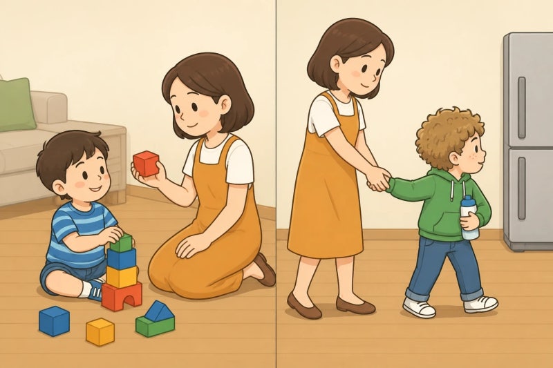 말만 늦은 아이와 놀이·모방·상호작용도 함께 어려운 아이를 비교하는 이미지