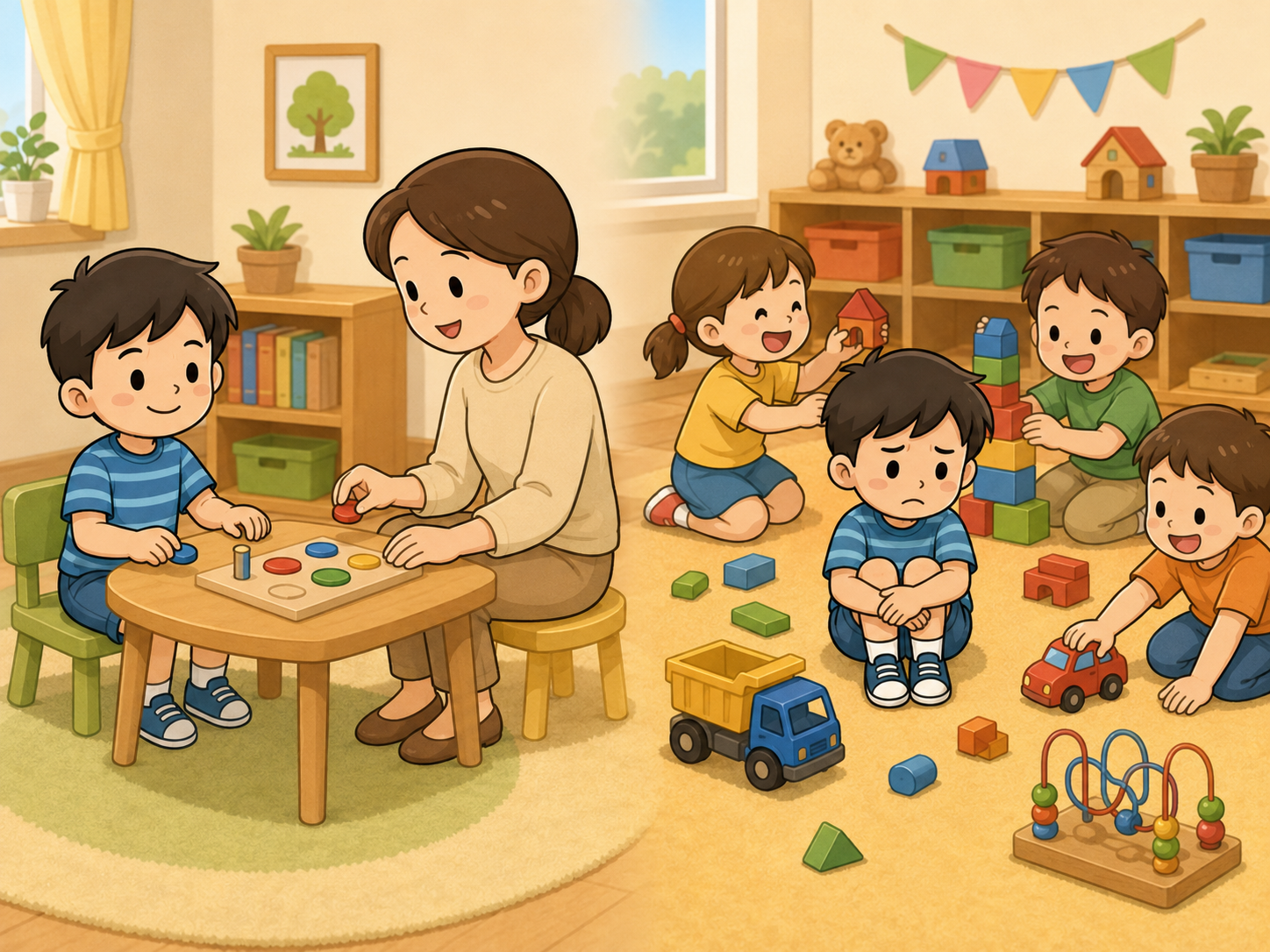 선생님과의 1:1 활동에서는 편안하지만 또래 놀이에서는 어려워하는 아이