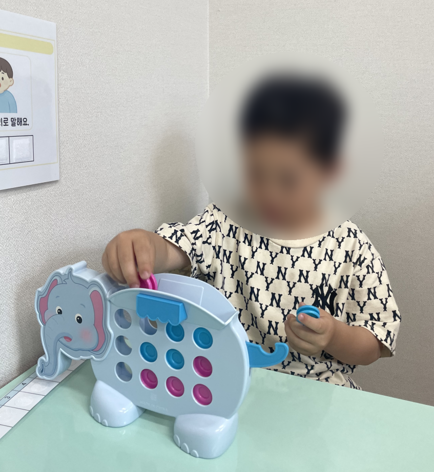 코끼리 장난감을 만지며 앉아 있는 아이. 얼굴은 모자이크 처리됨