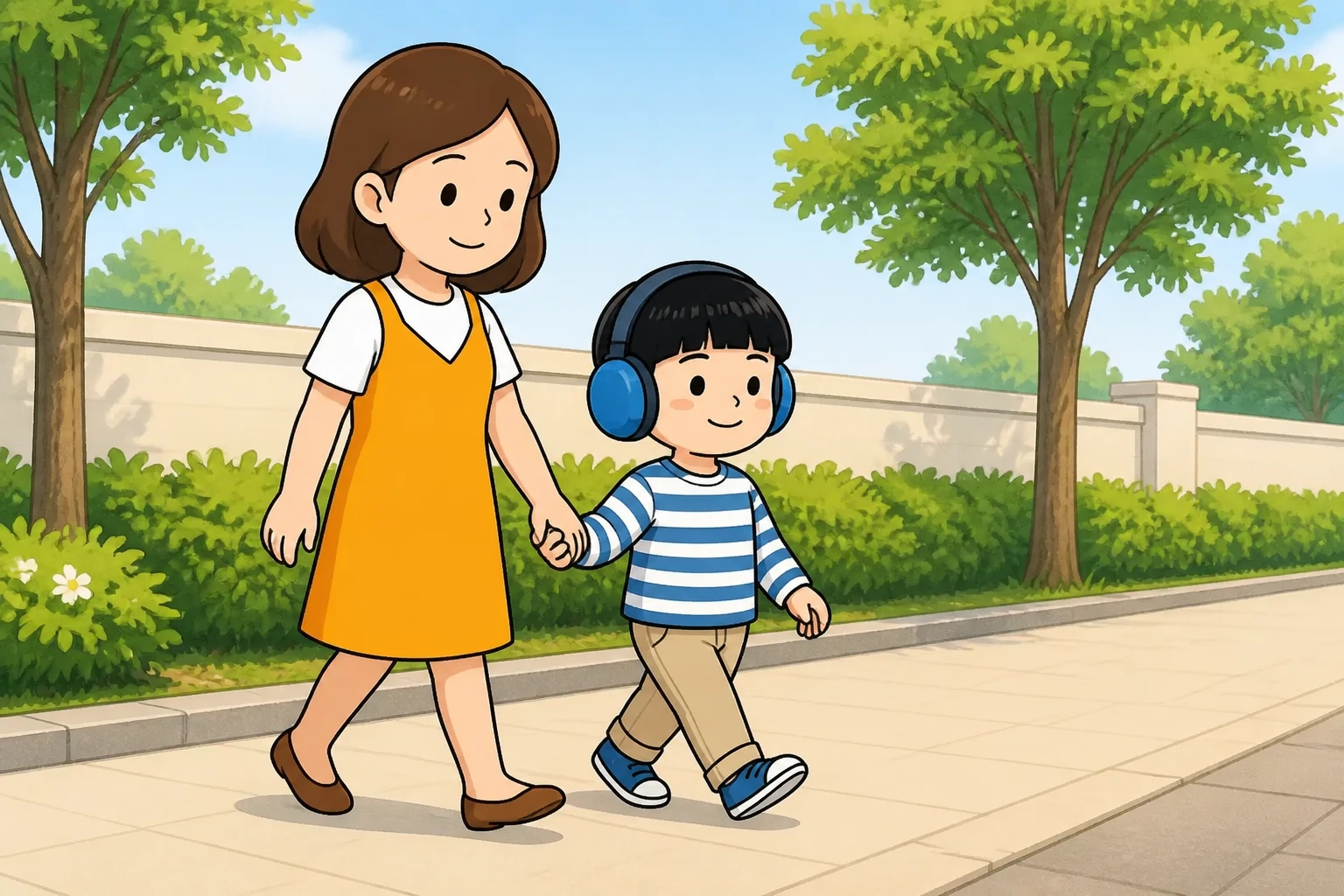 이어머프를 쓰고 보호자와 함께 걸어가는 아이